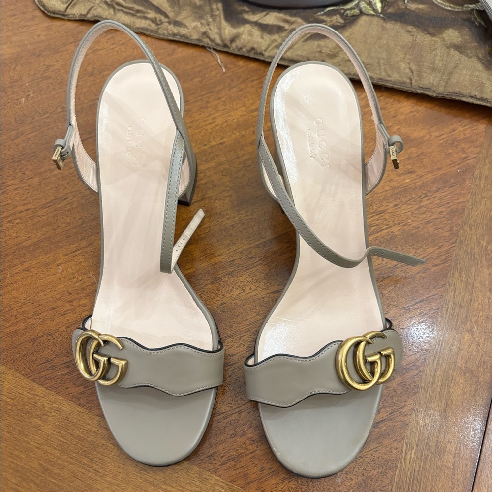 Gucci Marmont GG Mid-Heel Ankle-Strap Sandals
